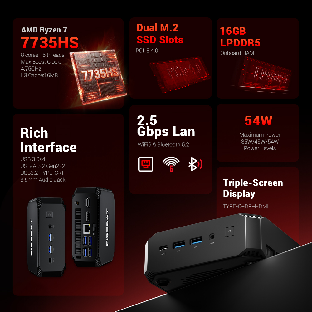 FIREBAT Mini PC AMD Ryzen 7 7735HS | Radeon 680M | 16GB RAM 512GB