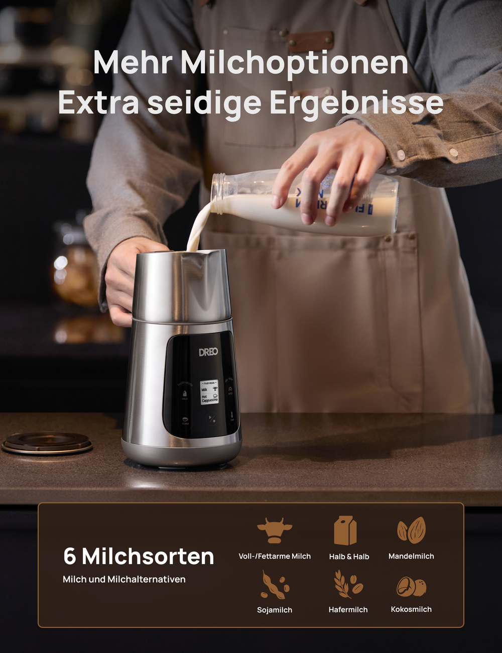 DREO All-in-1 Milchaufschäumer, elektrischer Schaumaufschäumer für Latte Art und Kaffee, 450 ml automatischer Milchwärmer, spülmaschinenfest | Kaffeemaschinen