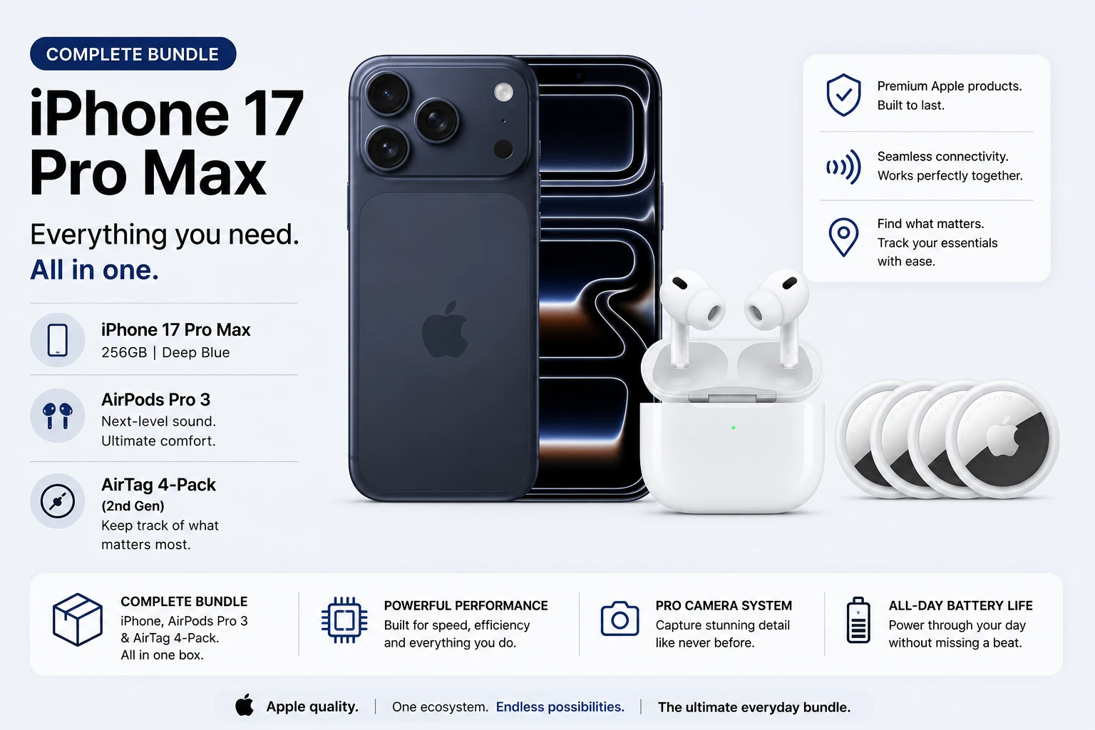 Apple iPhone 17 Pro Max 256GB Deep Blue Bundle with AirPods Pro 3