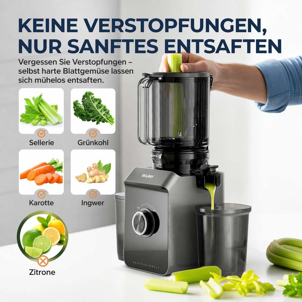 ROUNY Slow Juicer, Kaltpress-Entsafter mit 130 mm großem Einfüllschacht, filterloses, leicht zu reinigendes Design, Motor aus reiner Kupferlegierung, hohe Saftausbeute für Obst und Gemüse, FF Pro Max | Entsafter