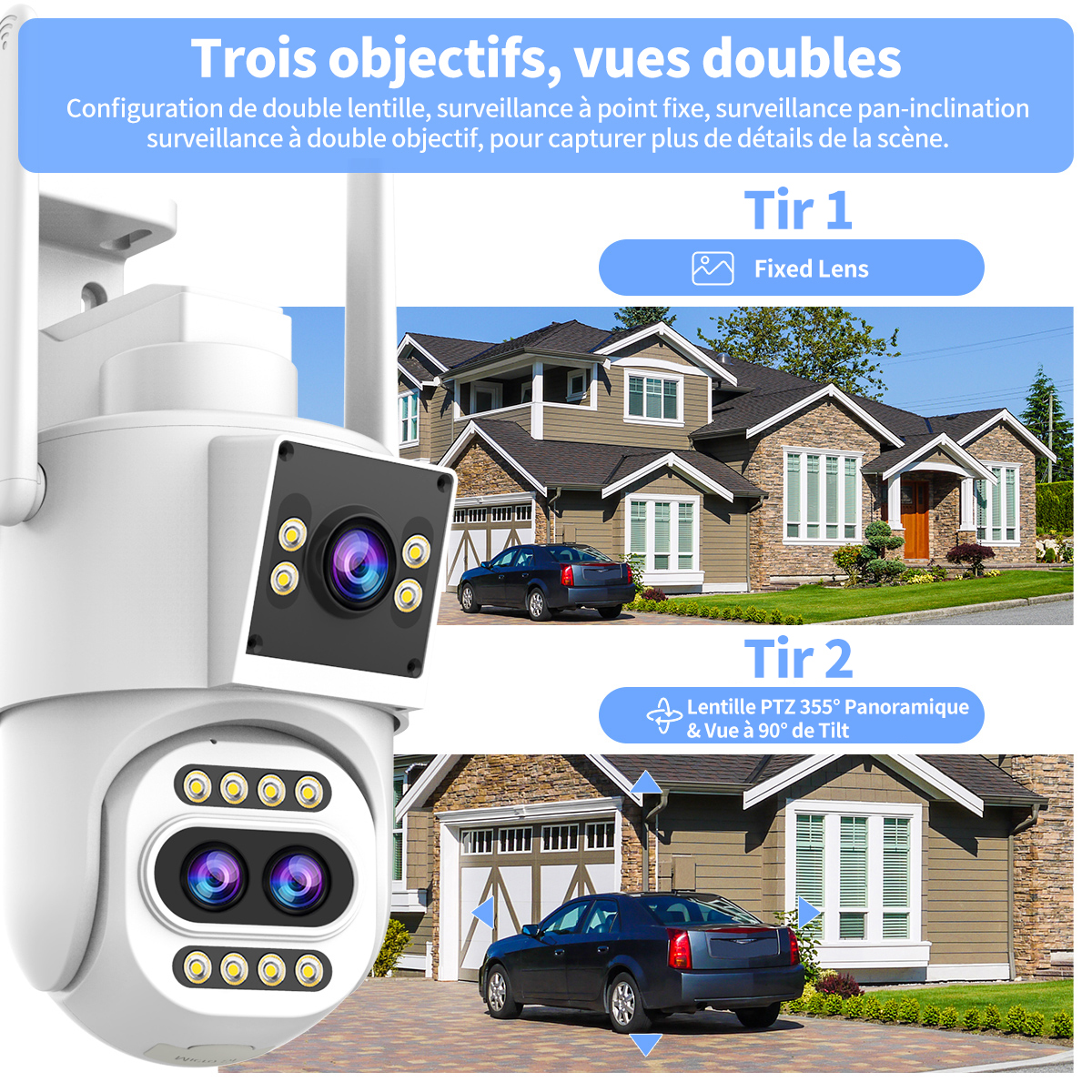 JOOAN Caméra de surveillance extérieure 3 objectifs, 2 modes de vue ...