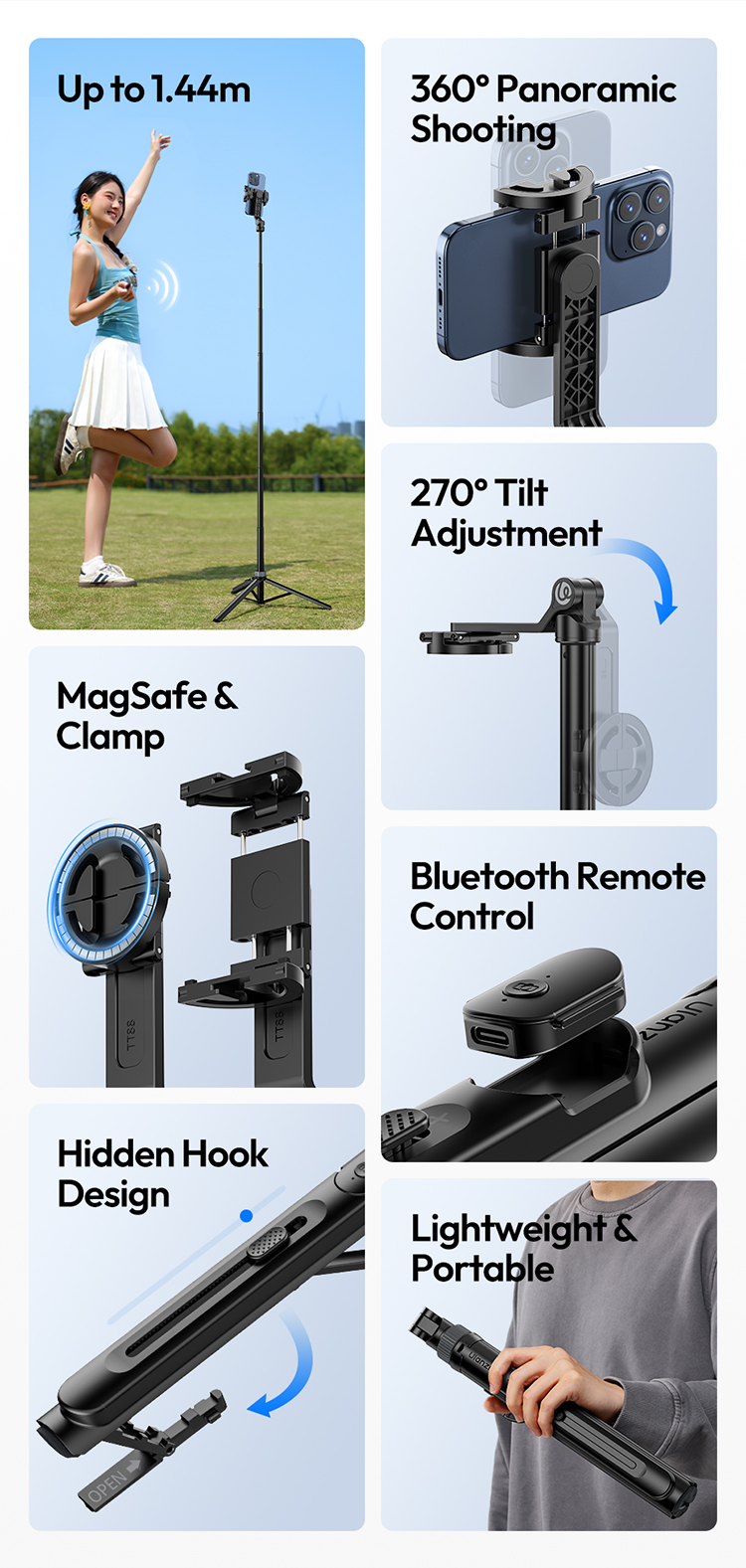 Ulanzi TT88 Mobiele Telefoon Statief 145cm， Magnetische Selfie Stick ...