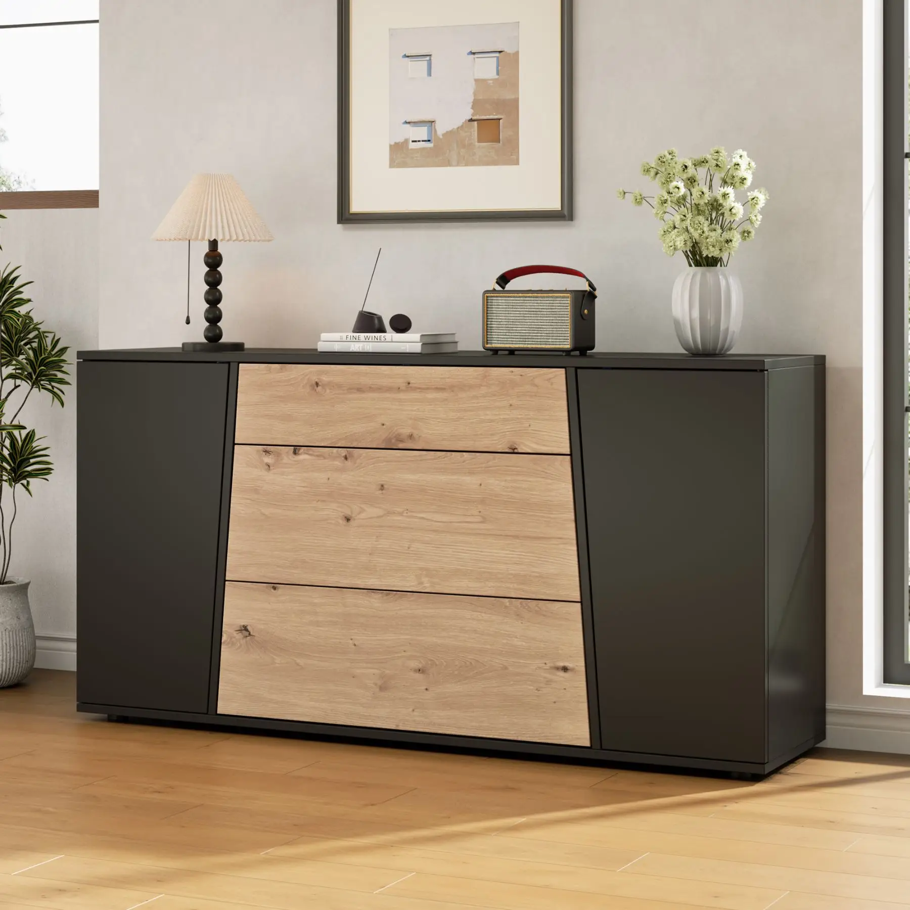 Sideboard 140 x 35 x 70 cm aus MDF und Spanplatte, Küchenschrank mit Arbeitsplatte, 2 Seitentüren und 3 Schubladen, höhenverstellbare Einlegeböden, Schwarz + Holzton, bis 25 kg | Aufbewahrungs- & Vitrinenschränke