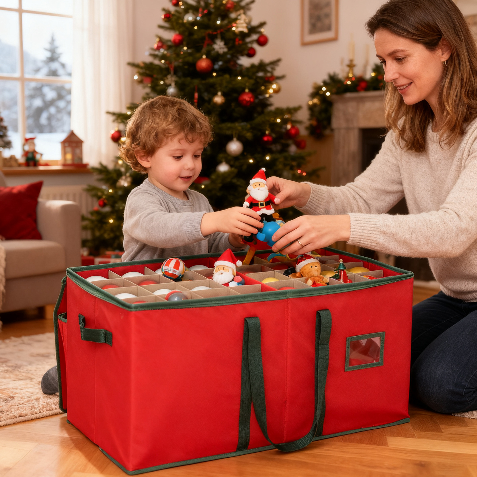 Aufbewahrungsbox für Weihnachtskugeln, Weihnachtskugel Aufbewahrungsbox für 128 Kugeln, Weihnachtskugeln Aufbewahrung, Deckel, Doppelreißverschluss, 600D Oxford-Gewebe, Vlies, Pappe, Kugelkiste, Rot | Weihnachten