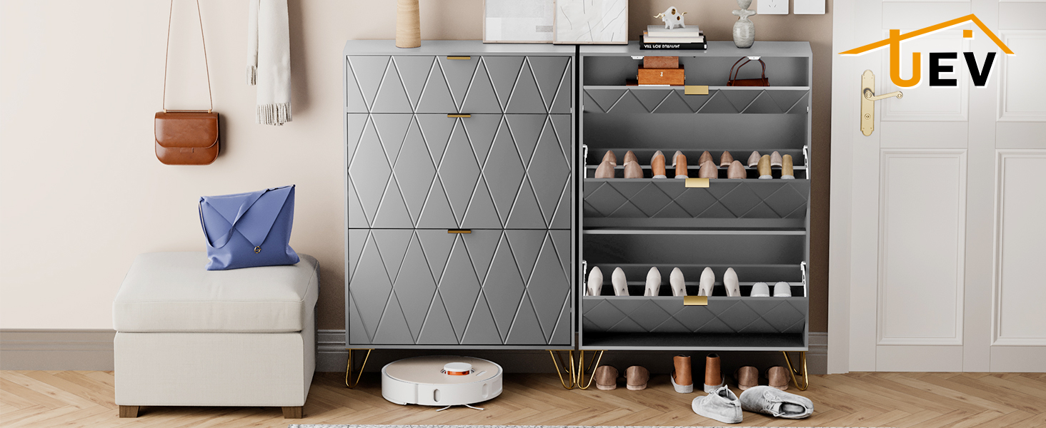 UEV Schuhschrank mit 2 Klappen, 80 x 24 x 120 cm, für 16 Paar Schuhe, mit 1 Schublade, Grau, schmal, Flurkommode, platzsparend | Schuhaufbewahrung