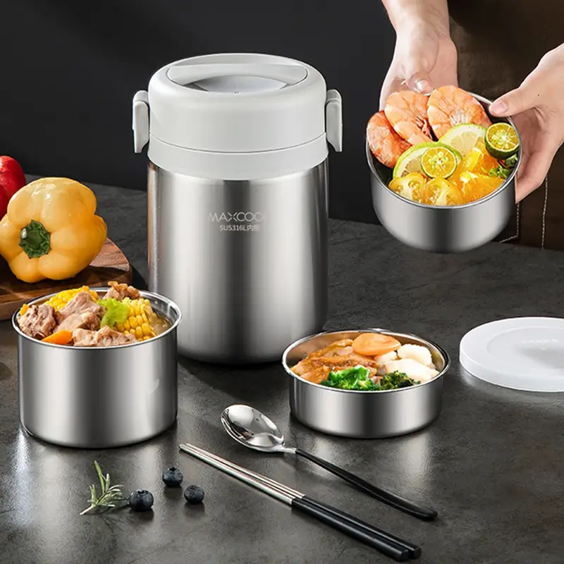 Maxcook Thermobehälter aus 316 Edelstahl mit Kühltasche, Vakuum-Isolierte Warmhaltebox für Speisen, Auslaufsicherer Suppenbehälter 1.5L (MCTG0863) | Lebensmittelbehälter