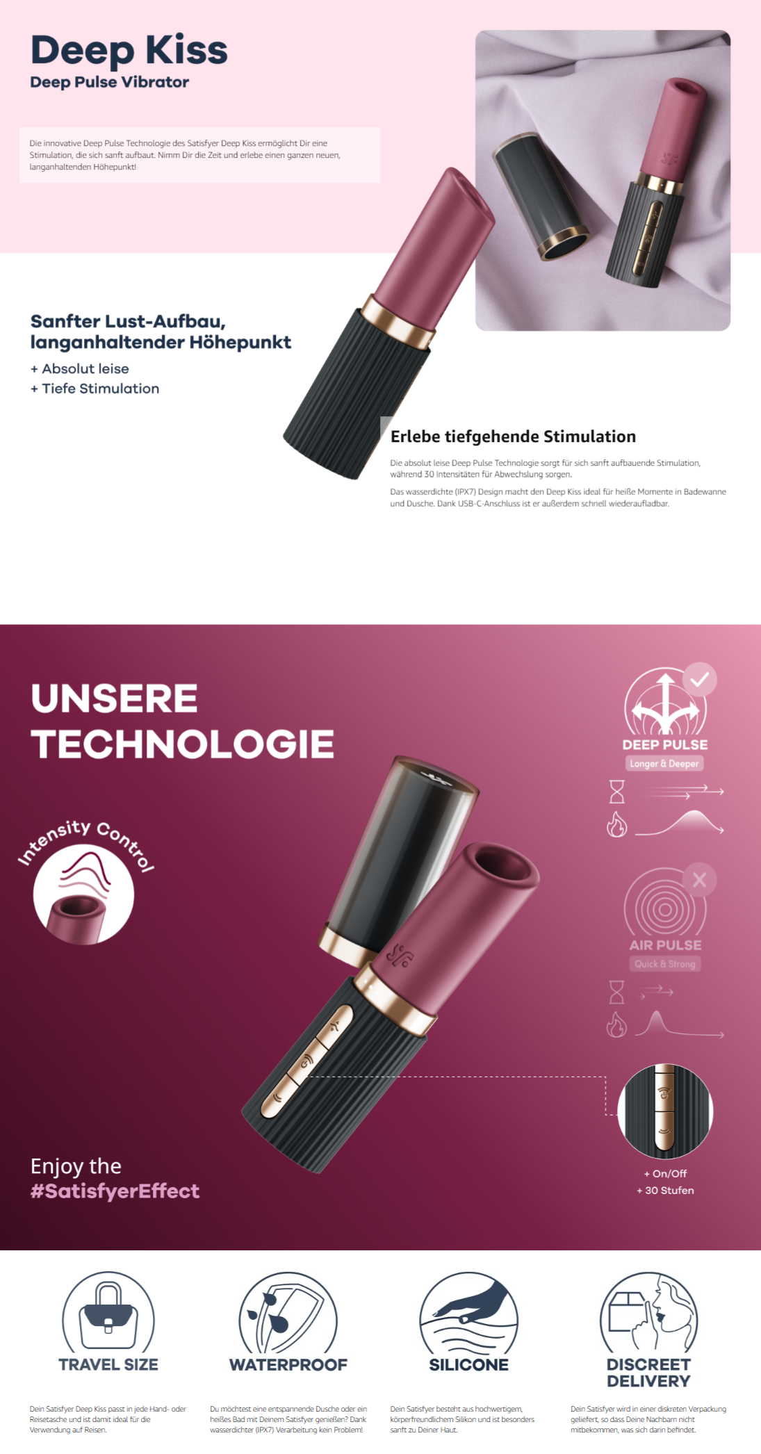 Satisfyer Deep Kiss Vibrator | Sexspielzeug für Frauen | tiefer Puls |  klitorale Stimulation | Wellness-Tools für Frauen | 3x10 Programme |  Sexspielzeug und Geräte