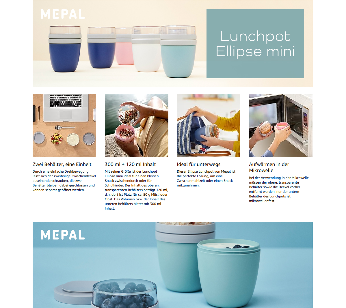 Mepal Müsli-/Joghurt-To-Go-Becher, klein, mit Fächern, für Gefrierschrank, Mikrowelle & Geschirrspüler – 300 ml + 120 ml – Nordic Sage | Lebensmittelbehälter