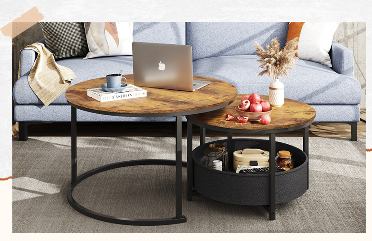 WLIVE Couchtisch-Set, 2-teilig, runder Beistelltisch mit Stauraum,  Wohnzimmertisch mit Stoffkorb, Metallgestell, Couchtisch fr Wohnzimmer  (Rustikales Braun) | Kaffee- & Beistelltische | Joybuy