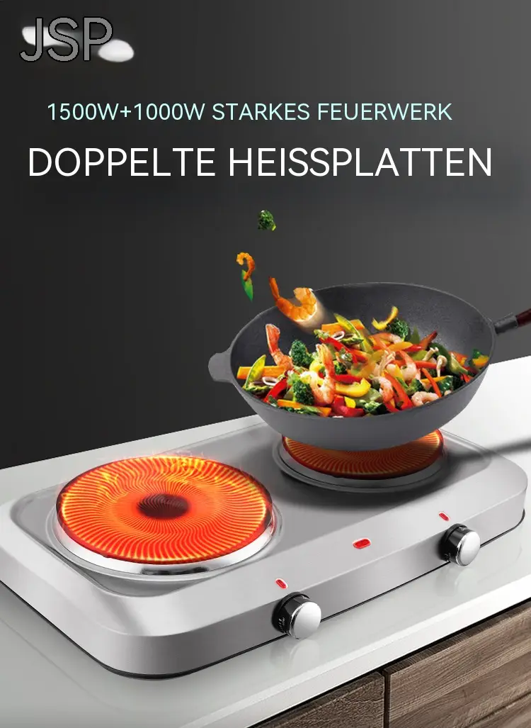 Elektrische Kochplatte mit zwei Heizplatten, tragbarer Tischherd mit 1500 W + 1000 W Leistung, Edelstahlgehäuse, leicht zu reinigen, ideal zum Kochen, Camping, Wohnmobil und für kleine Küchen (Modell KD4057) | Kochfelder