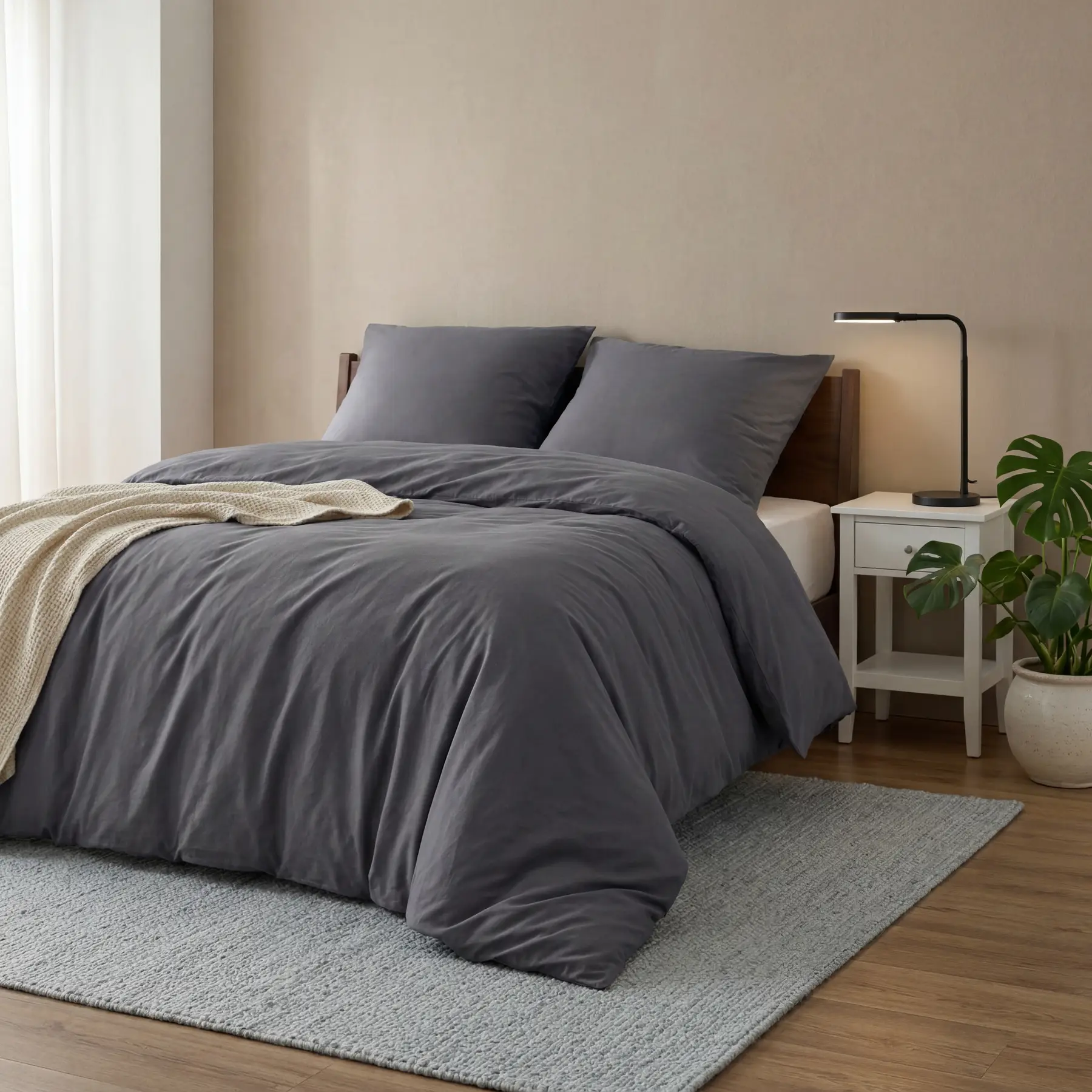 Bettwäsche 200 x 200, 90 % Baumwolle, 3-teilig – Bettwäsche-Sets Anthrazit, Bettbezug mit 2 Kopfkissenbezügen 80 x 80 cm, ähnliche Struktur wie gewaschenes Leinen, Öko-Tex-Bettwäsche Grau mit Reißverschluss | Bettbezüge