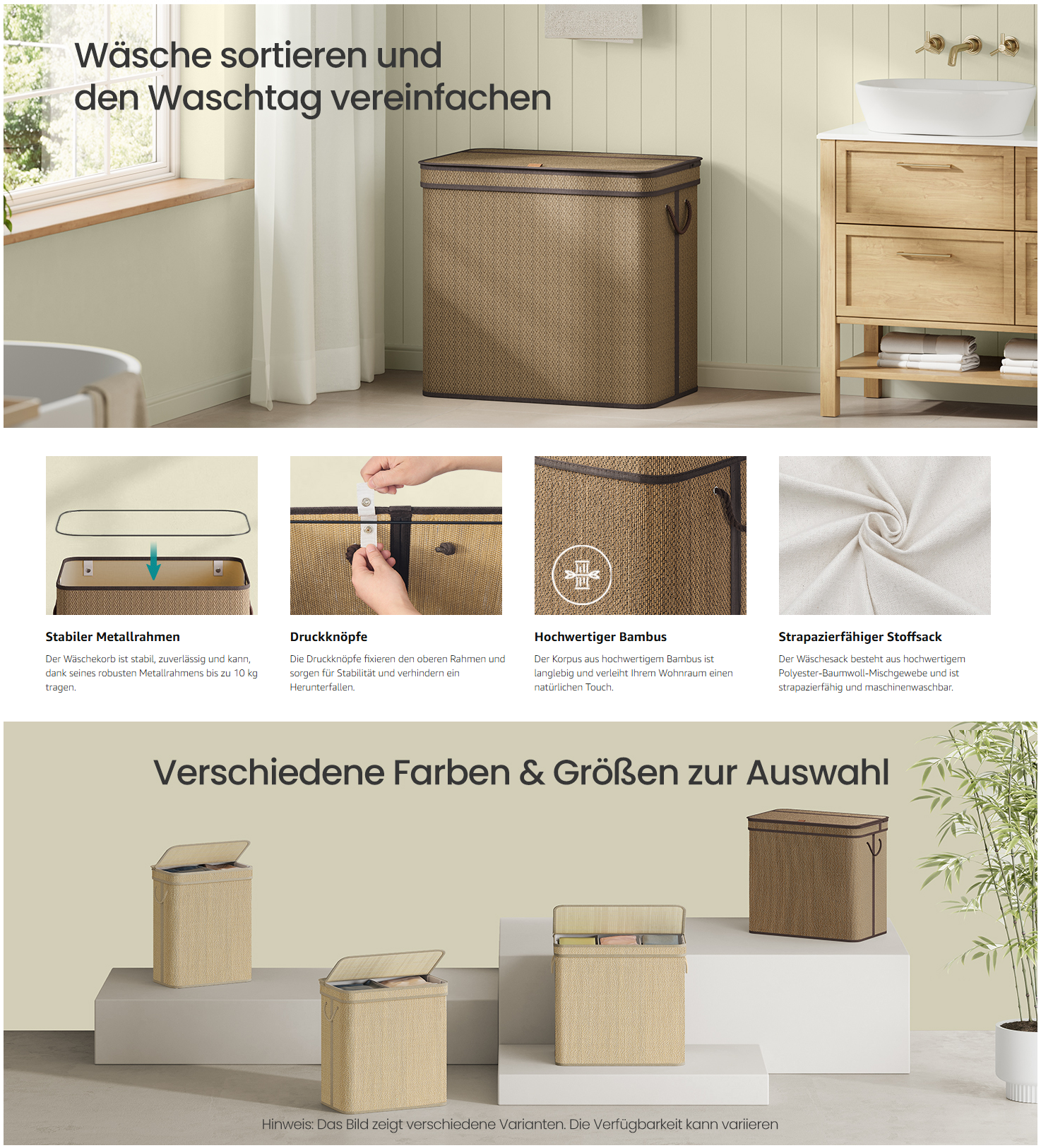 SONGMICS Wschekorb mit 3 Fchern, Bambus-Wschekorb, 170 Liter,  abnehmbarer und maschinenwaschbarer Wschesack, mit Deckel, Griffen, fr  Waschkche, Schlafzimmer, Wohnzimmer, Braun LCB069K01 | Wschekrbe | Joybuy