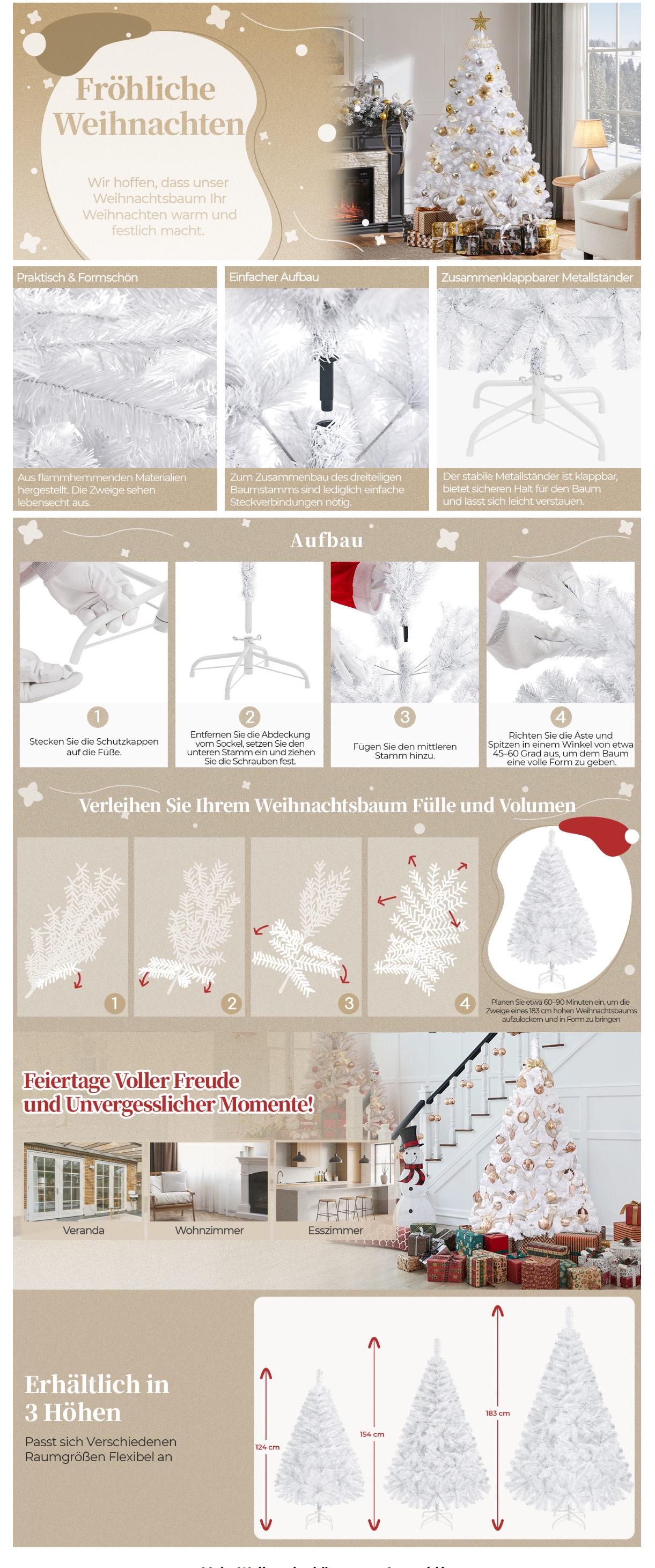 Yaheetech 6 Fu knstlicher Weihnachtsbaum mit klappbarem Stnder,  lebensechter Weihnachtsdekorationsbaum mit 598 PVC-Zweigen, wei |  Weihnachten | Joybuy