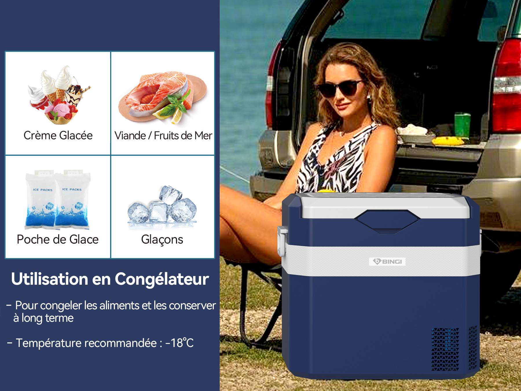 BINGI Compressor-koelbox, 22 l, mini-draagbare elektrische koelkast, 12/24 V DC, elektrische vriezer, draagbare vriezer voor auto, vrachtwagen, picknick, camping en thuisgebruik | Auto-elektrische apparatuur