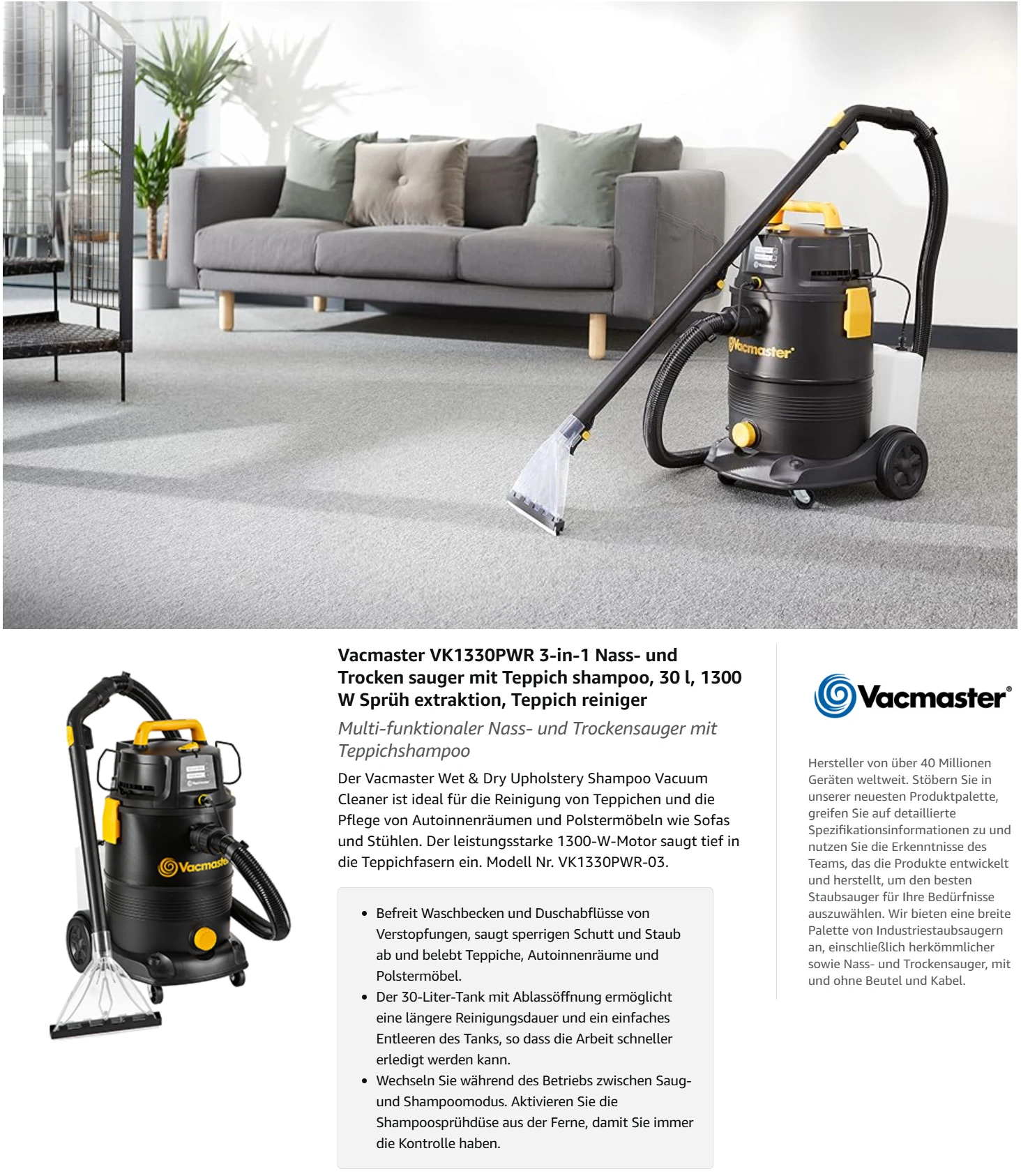 Vacmaster VK1330PWR 1300 W 30 L 3-in-1 Waschsauger Nass-/Trockensauger mit Doppel-Tank-System, Teppichreiniger für Hartböden, Teppiche, Polster & Autositze | Staubsauger