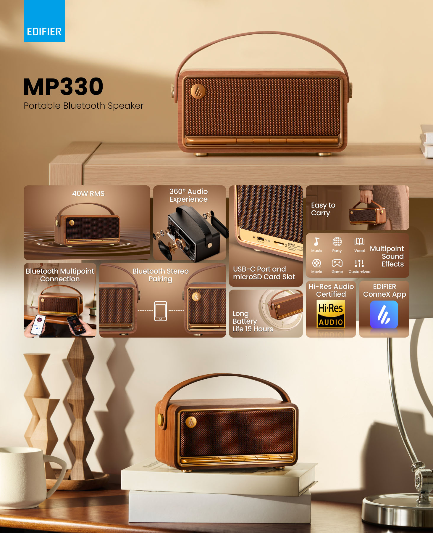 Edifier MP330 Retro Wood Bluetooth Speaker 40w detail image
