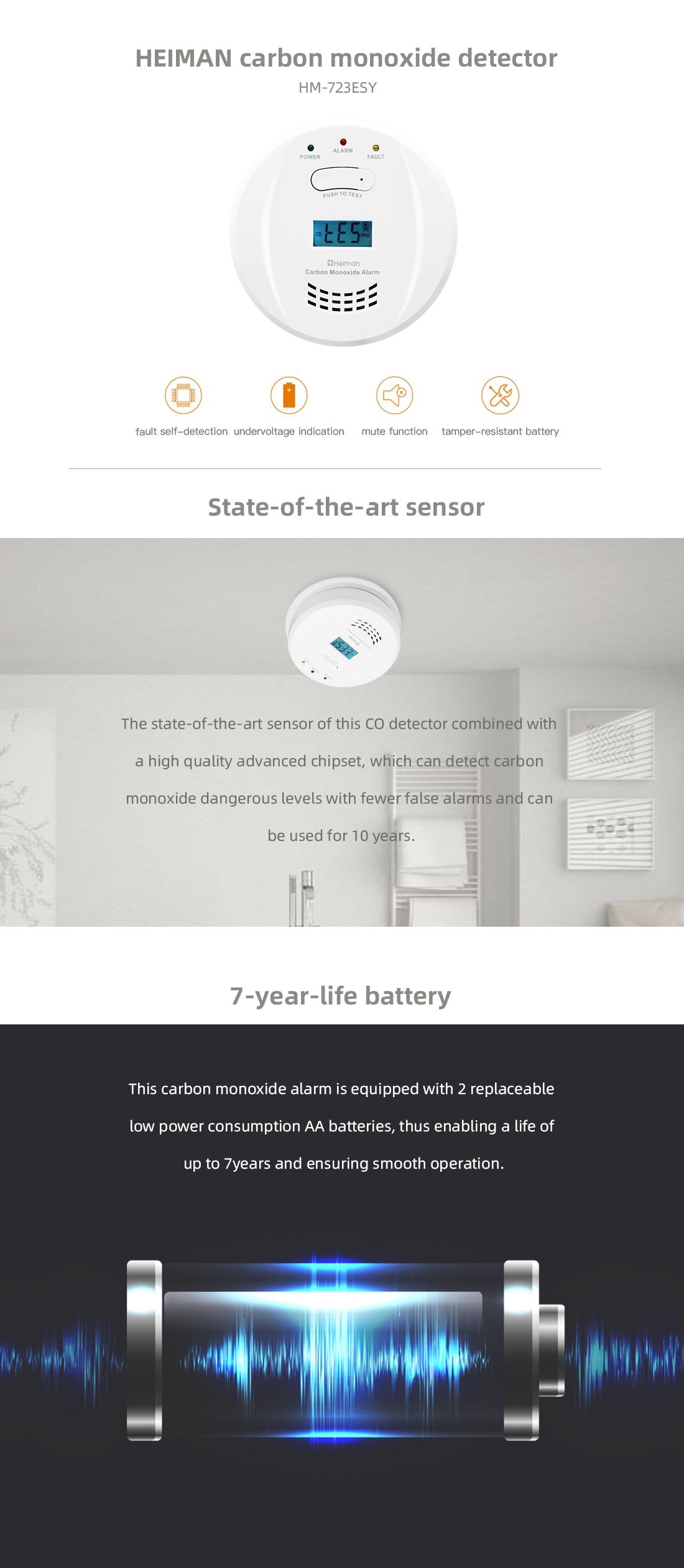HEIMAN Detector de monóxido de carbono Wi-Fi, Detector de CO con vida útil de 10 años, EN50291, Detector de monóxido de carbono inteligente con aplicación Tuya y SmartLife, Portátil (WS-725ES