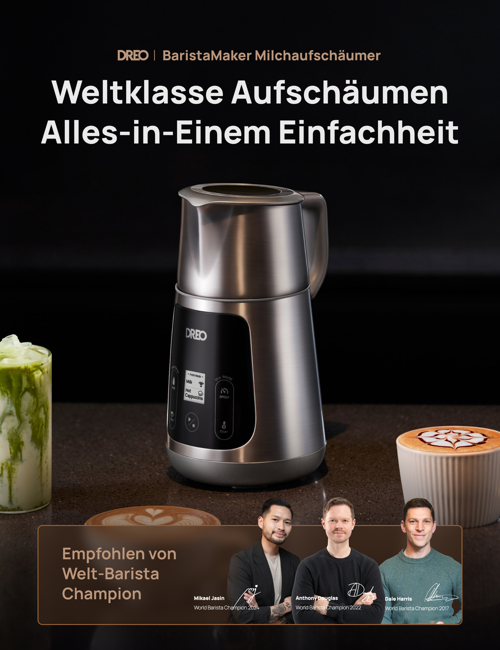 DREO All-in-1 Milchaufschäumer, elektrischer Schaumaufschäumer für Latte Art und Kaffee, 450 ml automatischer Milchwärmer, spülmaschinenfest | Kaffeemaschinen