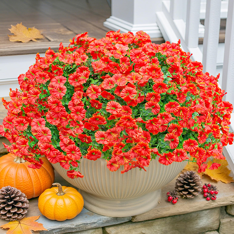 4 Stück 14,2/36 cm Künstliche Blumen für den Außenbereich, unechte Pflanzen für Dekoration im Freien, Seidenblume in Lila mit Eukalyptus, realistisch aussehende Kunstblume für Pflanzgefäße, Haustür, Veranda, Terrasse, Garten (orange)