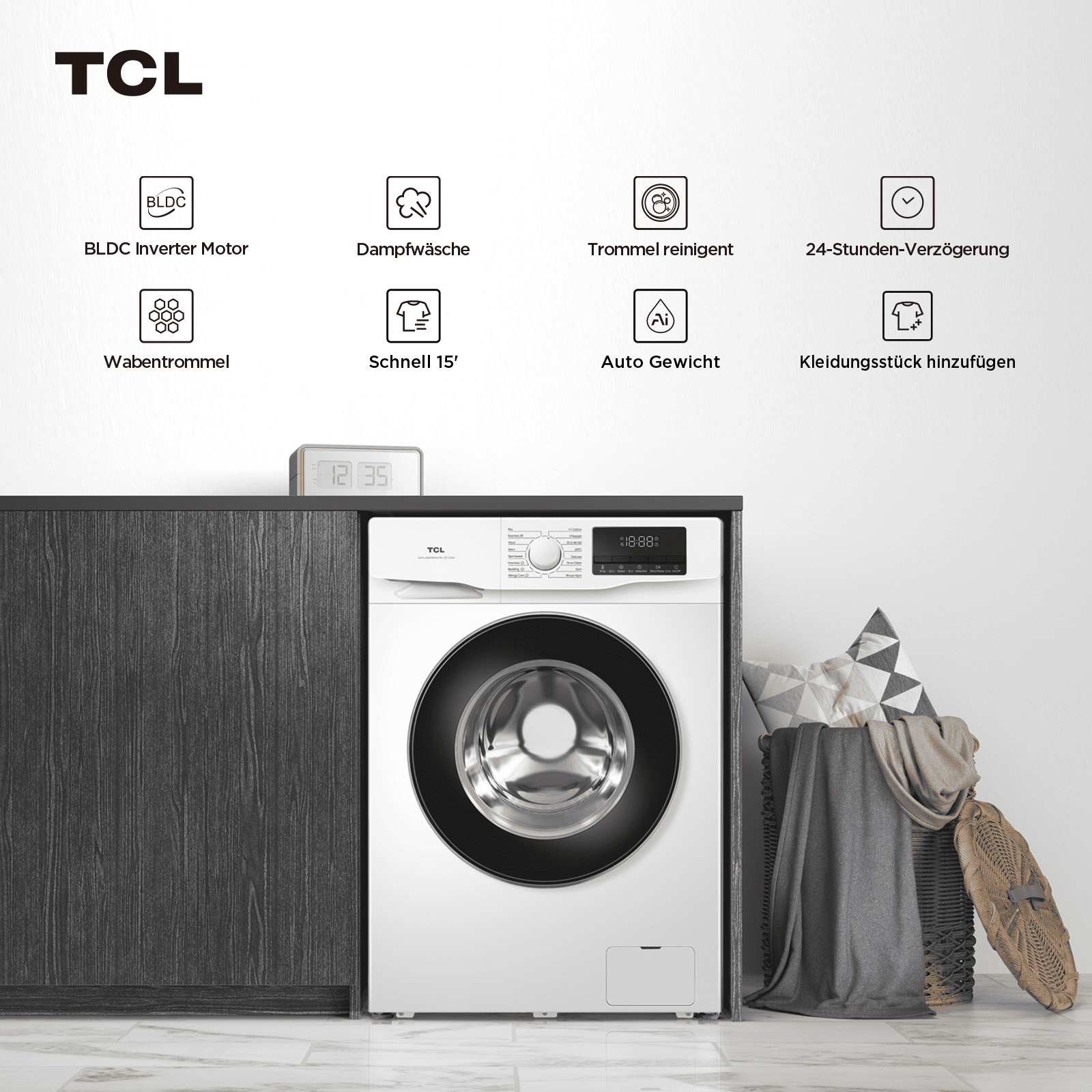 waschmaschine ohne vibration TCL Waschmaschine slim, 6 kg, nur 45 cm Tiefe, mit BLDC Invertermotor,  Dampfwäsche, Schnellwäsche 15 Min., automatische Gewichtserkennung,  Nachlegefunktion [Energieeffizienzklasse B] FF1006WB0 | Waschmaschinen