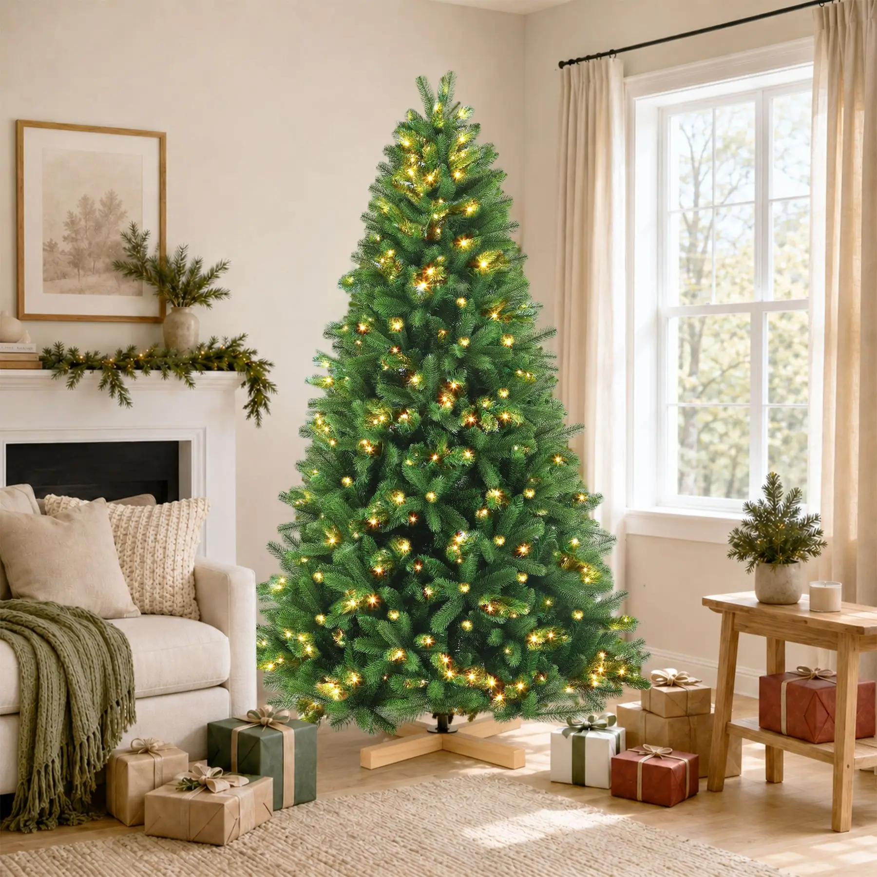 Künstlicher Weihnachtsbaum mit Beleuchtung, 180/210/235 cm, realistischer Christbaum mit dichten Zweigen, warmem Licht, flammhemmendem Material und stabilem Kreuzständer 180CM | Weihnachten