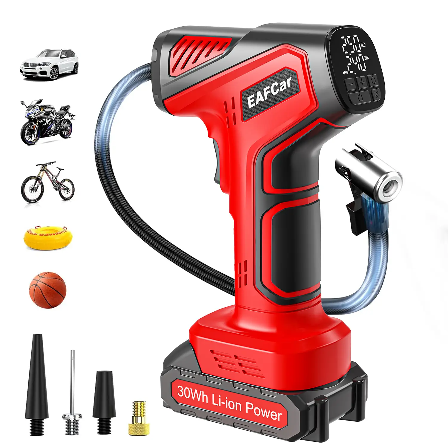 EAFC Gonfleur de pneus sans fil 150 bars avec batterie au lithium 30 Wh, gonflage rapide en 3 min, pompe à air rapide 21 V, 4 modes prédéfinis pour voiture/moto/vélo/ballon, écran numérique et lampe LED d’urgence image 0