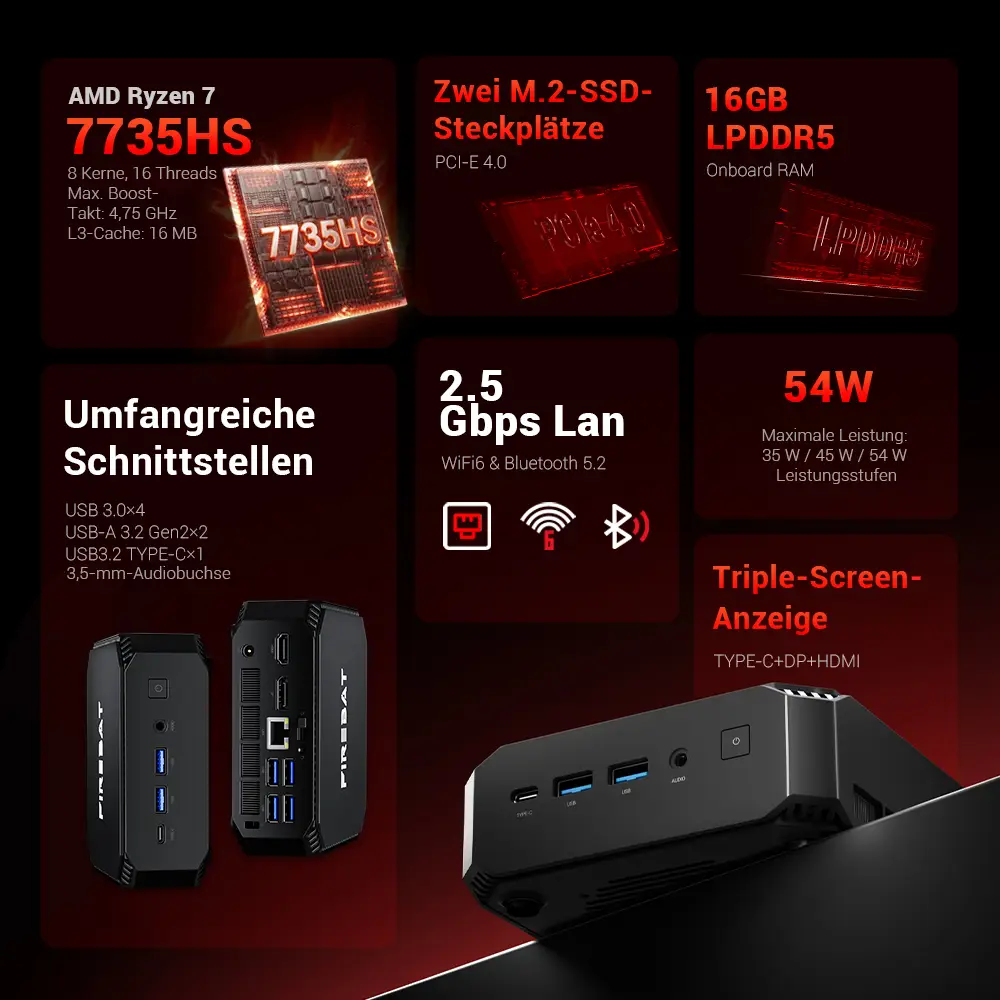FIREBAT Mini PC AMD Ryzen 7 7735HS | Radeon 680M | 16GB RAM, 512GB