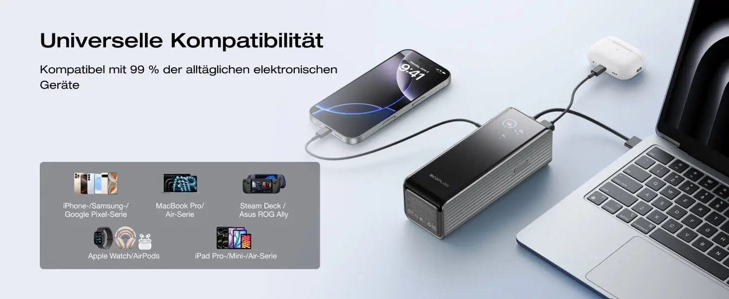ANSODY 140 W powerbank, 25.000 mAh laptop powerbank met intelligent digitaal display, PD3.1 snellaadaccu voor MacBook, Dell, XPS, iPad, tablet, Steam Deck iPhone 17-12-serie Switch (grijs