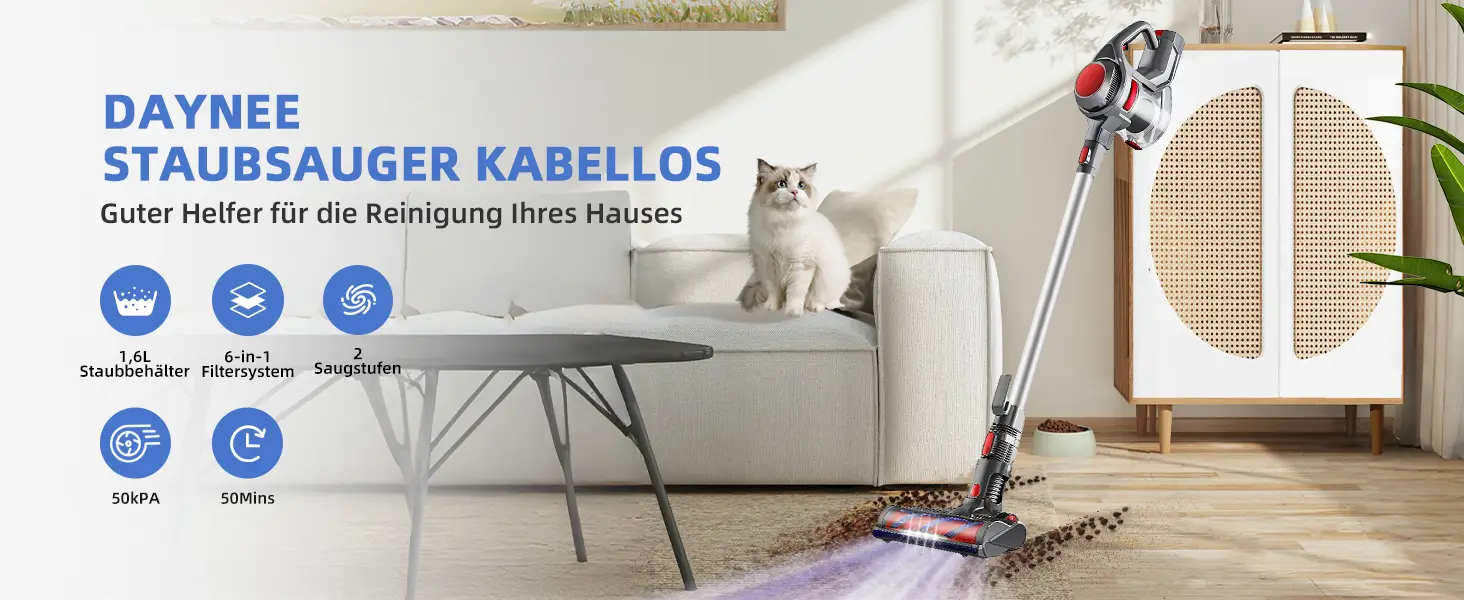 Daynee Akku Staubsauger,50Min|50kpa Staubsauger Kabellos mit 1.6L Staubbehälter,Akkustaubsauger,Vacuum Cleaner für Hartböden,Teppich und Tierhaare,Rot | Staubsauger