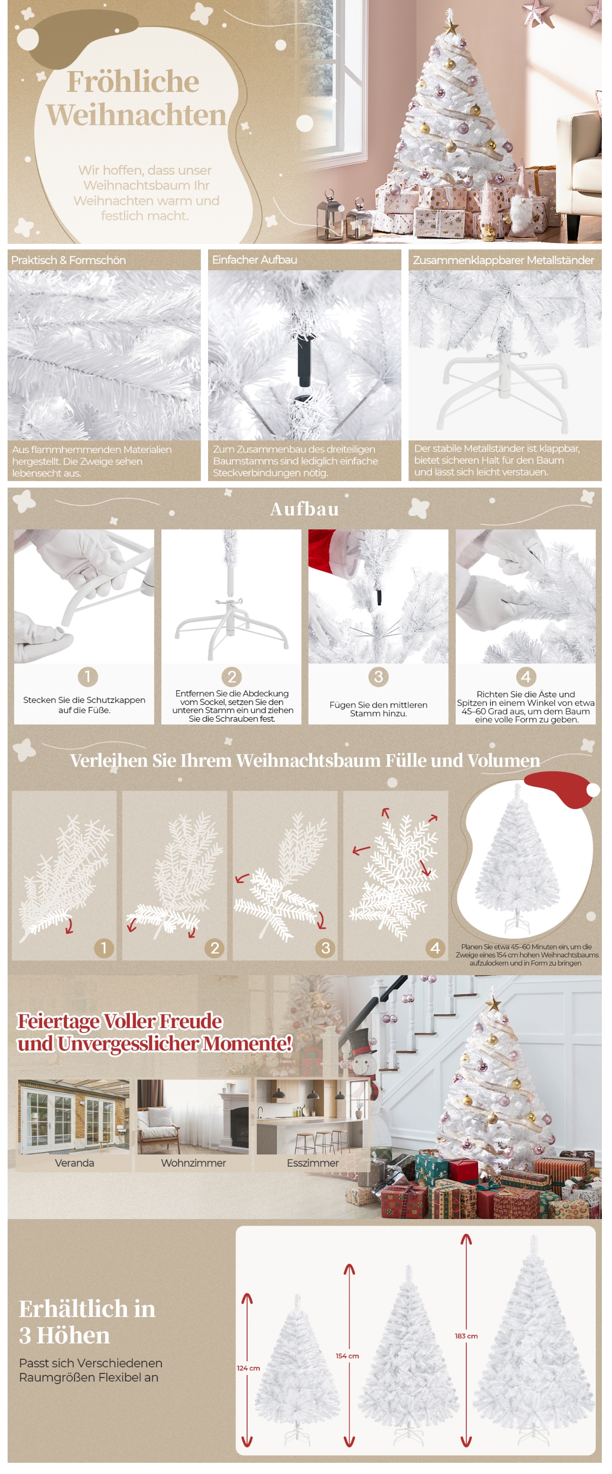 Yaheetech 5FT Knstlicher Weihnachtsbaum mit klappbarem Stand, lebensecht  dekoriert fr die Feiertage mit 398 PVC-Zweigen, Wei | Weihnachten | Joybuy