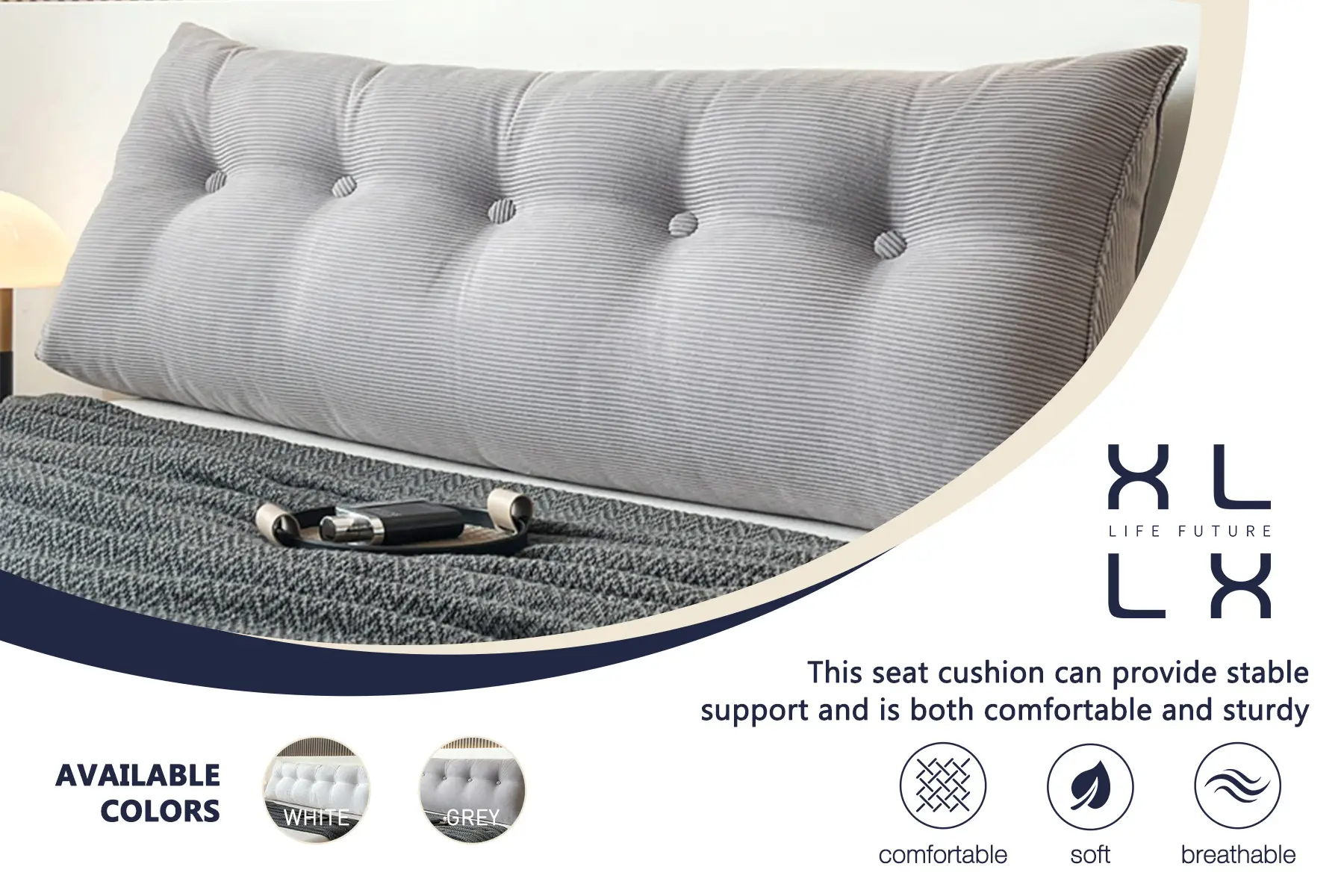 XLLX Rückenkissen - Lesekissen für Bett und Sofa, Keilkissen, Rückenlehne für Wand, Sitzkissen, Wandkissen, Groß mit waschbarem Bezug (Grau, 150 cm) | Kissen & Zubehör
