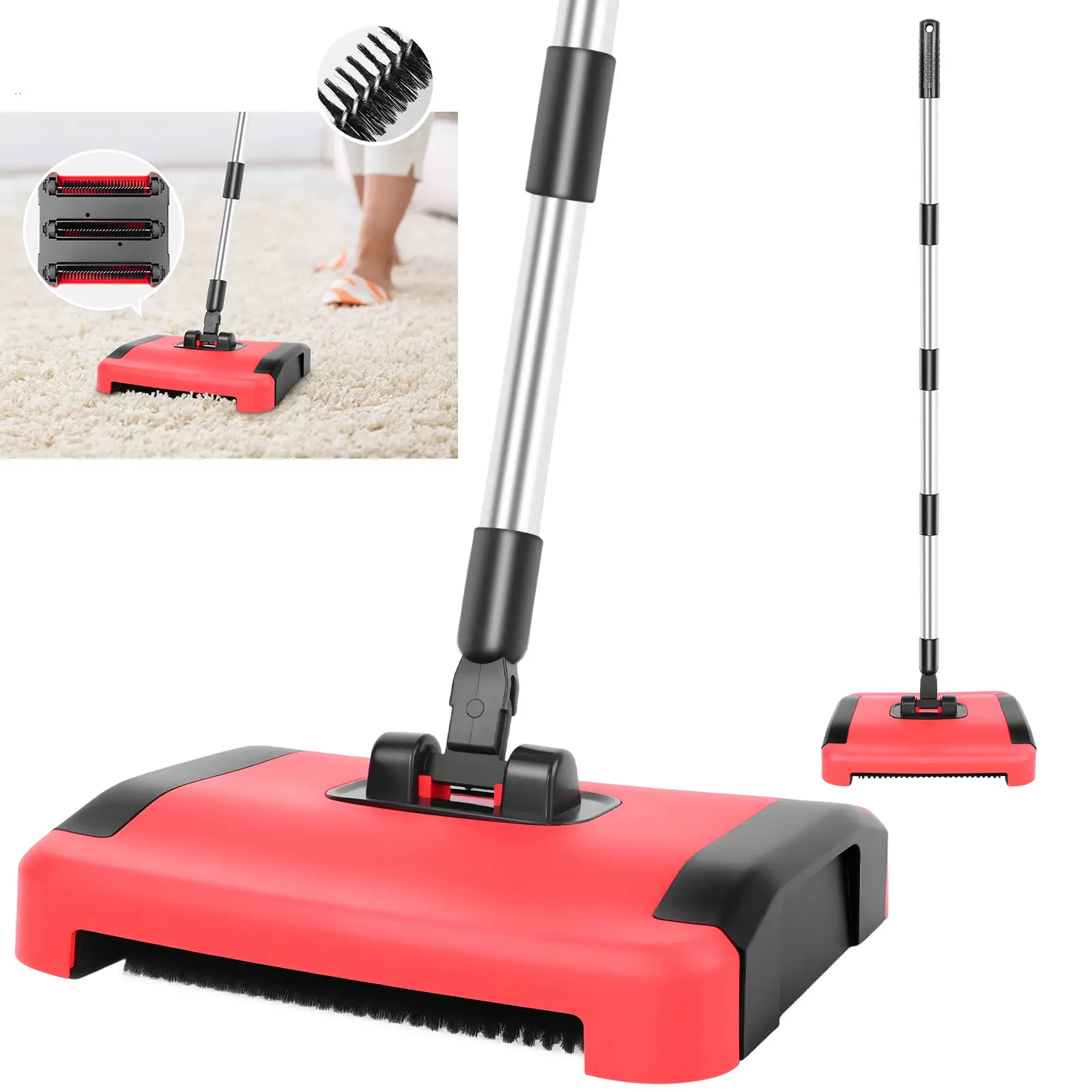 Teppichbodenreiniger, handgeführt, geeignet für Haare, Krümel und Tierhaare auf Teppichen, um 180° drehbar, mit dreistufiger weicher Walzenbürste | Besen & Kehrbleche