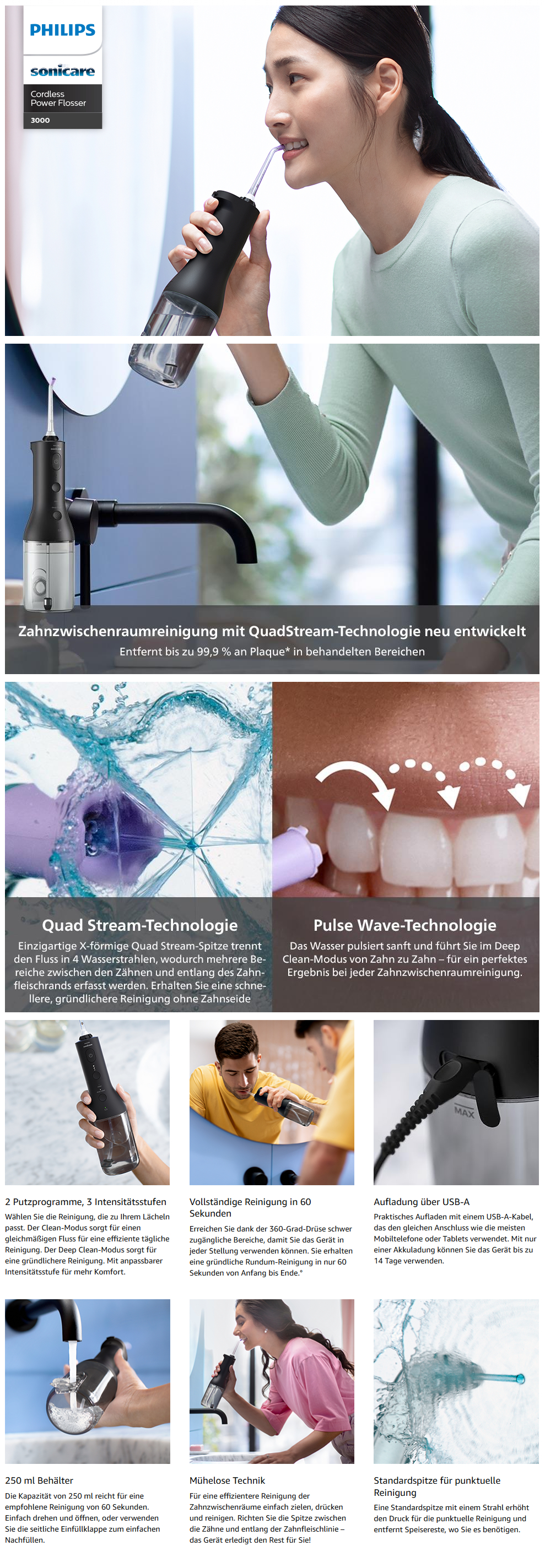 Philips Sonicare Kabelloser Power Flosser 3000 Munddusche, Wasserflosser für Zähne, Zahnfleisch und Mundpflege, Schwarz (Modell HX3826/33) | Elektrische Zahnseide