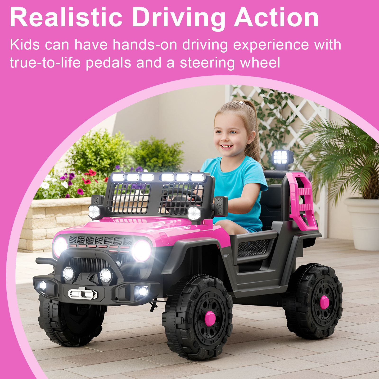 Voiture électrique Enfant 12V – Suspension, LED, Bluetooth, 2 Vitesses – De 3 à 8 Ans – Rose