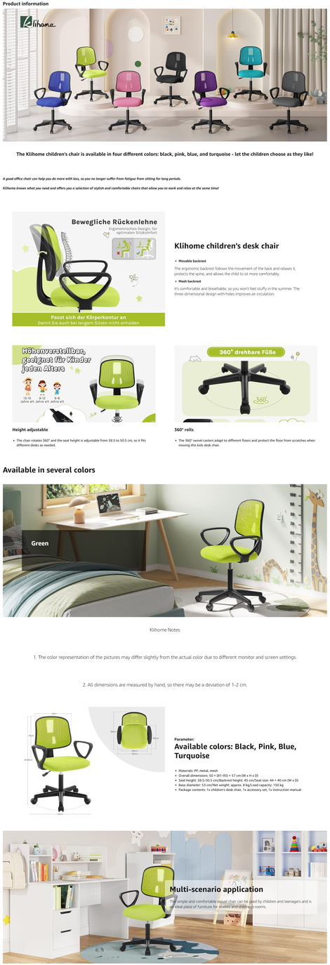 Klihome K0005BS Kinderbureaustoel, ergonomische bureaustoel, draaistoel met wielen, armleuningen, kinderdraaistoel, in hoogte verstelbaar, mesh bureaustoel, blauw