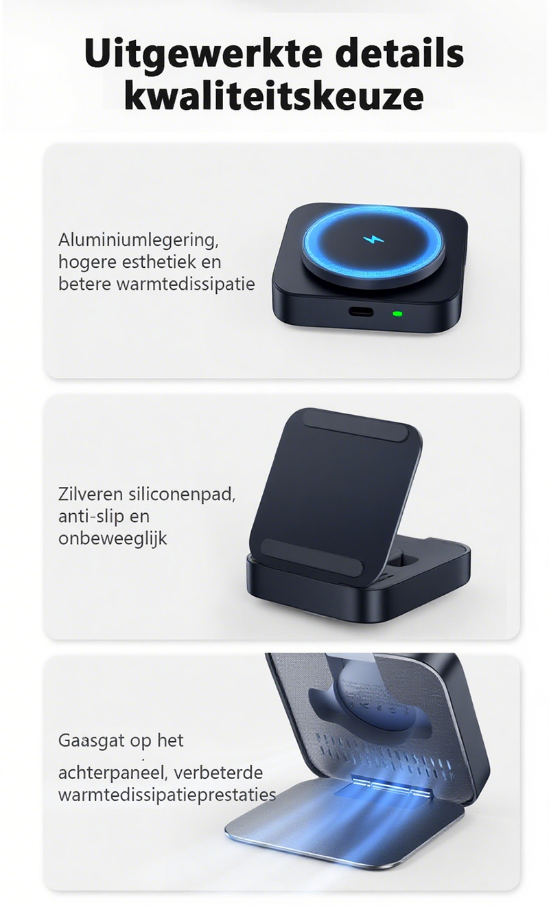 Chéroy 3-in-1 Draadloze Oplader - 15W Snellader - Qi Oplaadstation Voor Iphone Apple Watch Airpods Ios Android
