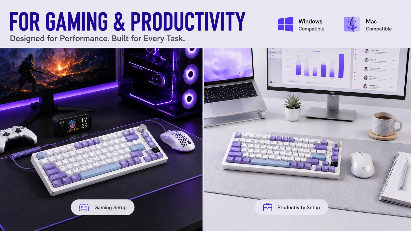 Puple Combination Ajazz AK820 Pro 75% Mechanical Tri-Mode Keyboard, QWERTY US layout ...