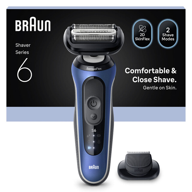 BRAUN Series 6 Men's Wet & Dry Electric Shaver with Precision Trimmer, 60 Min Cordless Shaving, 100% Waterproof, Blue 62-B1200S