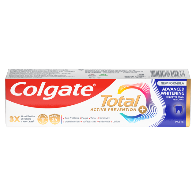 Colgate Total Active Prevention + Advanced Teeth Whitening Toothpaste for Deep Cleaning and Stain Removal - 75ml