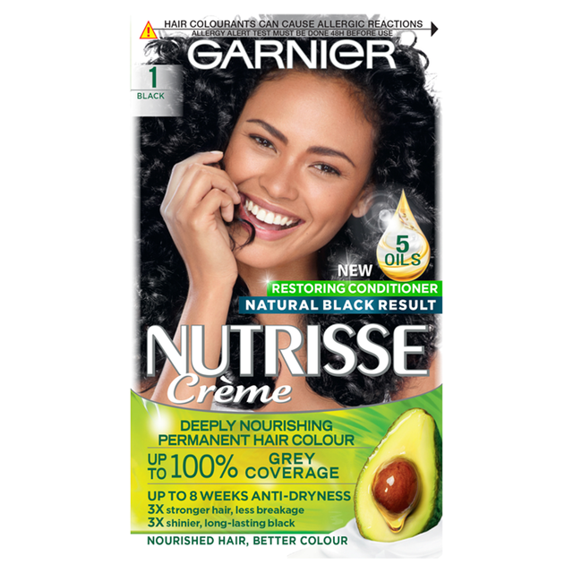 Garnier Hair Colourants Nutrisse 1 Black Permanent Hair Dye, Nourishing Long-Lasting Color Treatment, 1 Pack