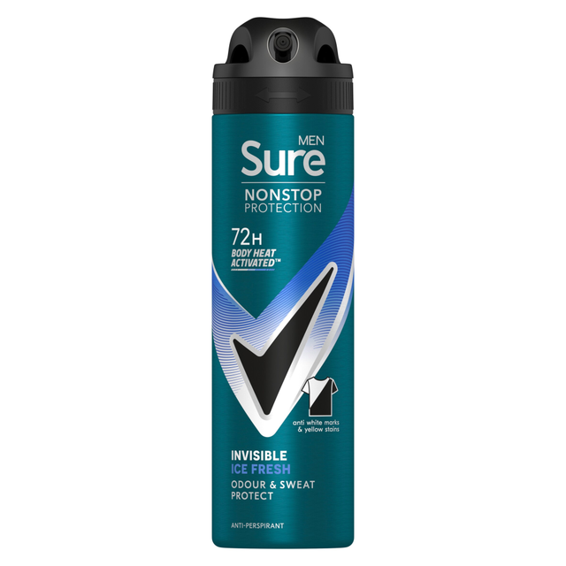 Sure Men Nonstop Protection Anti-Perspirant Aerosol, 150ml, Invisible Ice Fresh Fragrance for All-Day Dryness