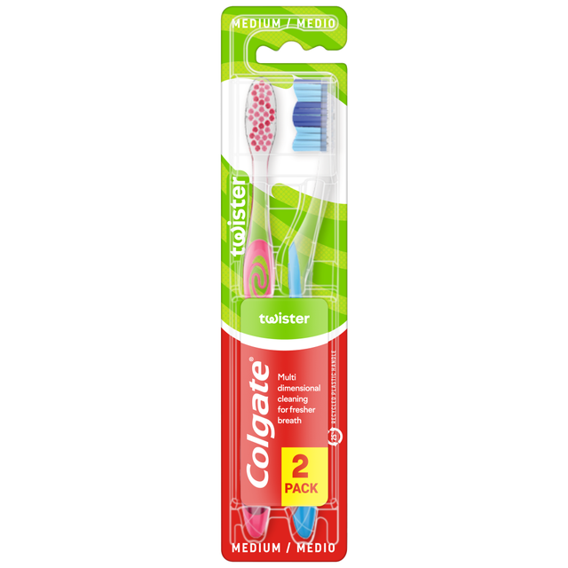 Colgate Twister Fresh Medium Manual Toothbrush 2 Pack - Soft Bristles for Effective Cleaning in Oral Care