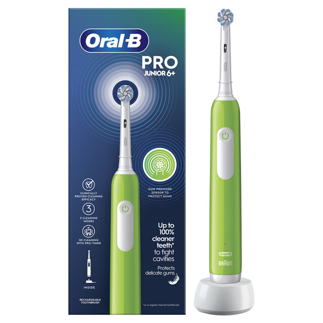 Oral-B Electric Toothbrush for Kids – Pro Junior 3 Modes, Green, 6+ Years, Gentle yet Deep Cleaning for Healthier Teeth