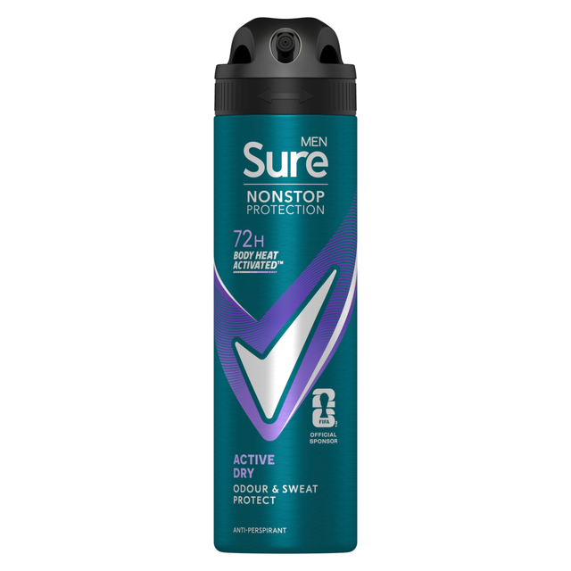 Sure Men Anti-Perspirant Aerosol Spray, Nonstop Protection for Active Dry Formula, 150ml Can, 48-Hour Freshness