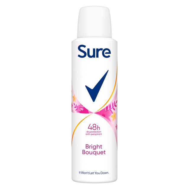 Sure Anti-Perspirant Aerosol Deodorant Spray for women, Bright Bouquet Scent, 150ml, 48-Hour Protection