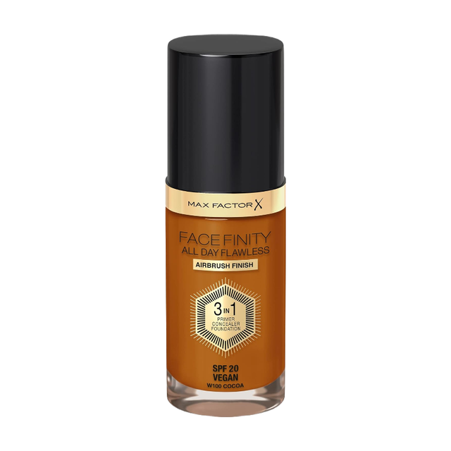 Max Factor Facefinity All Day Flawless 3-in-1 SPF 20 Vegan Foundation in 100 Suntan, 30ml | Long-Lasting Makeup