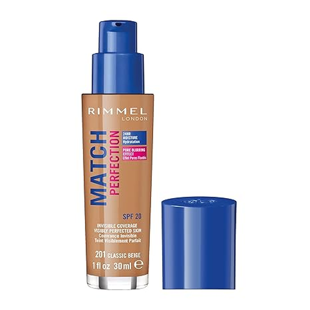 Rimmel MATCH PERFECTION Liquid Foundation 30ml in Classic Beige 201 - A Flawless, Skin-Perfecting Makeup for a Natural, Radiant Finish