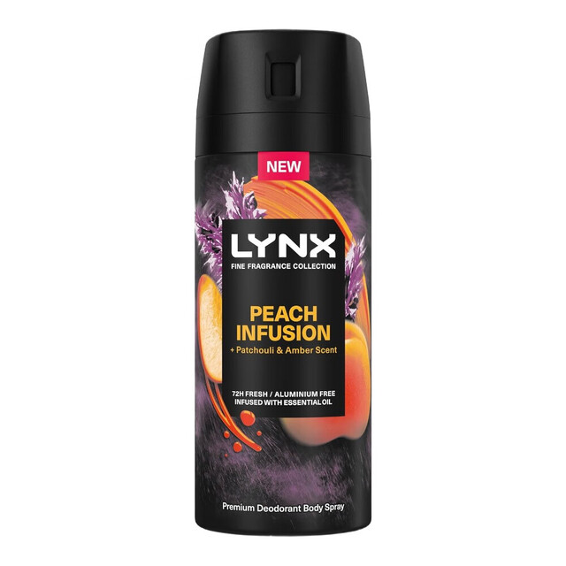 Lynx Body Spray and Aerosol Deodorant Fine Fragrance Collection Premium Peach Infusion 150ml Long-Lasting Fresh Scent