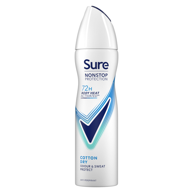 Sure Anti-Perspirant Aerosol: Cotton Dry Nonstop Protection Deodorant Spray - 150ml Can for All-Day Freshness