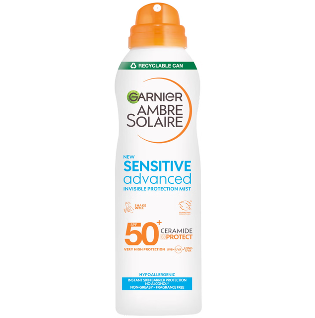 Garnier Sun Care Sunscreen Sensitive Advanced SPF 50+ Dry Mist Spray 150ml for High UV Protection and Easy Application